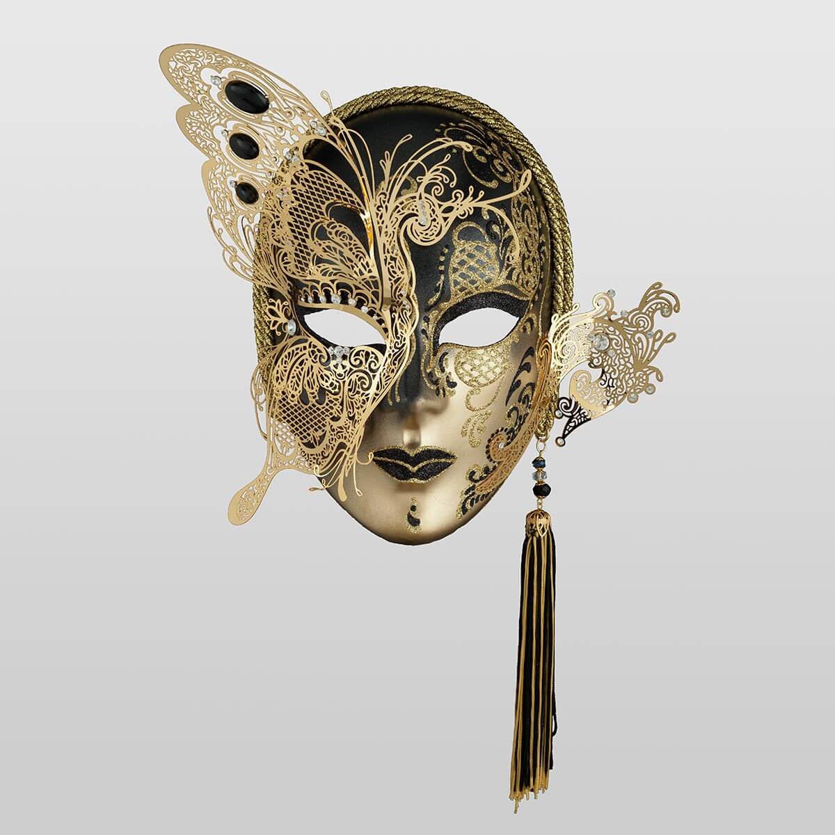 Face with Half Butterfly in Metal and Rhinestone | Venetian Masks