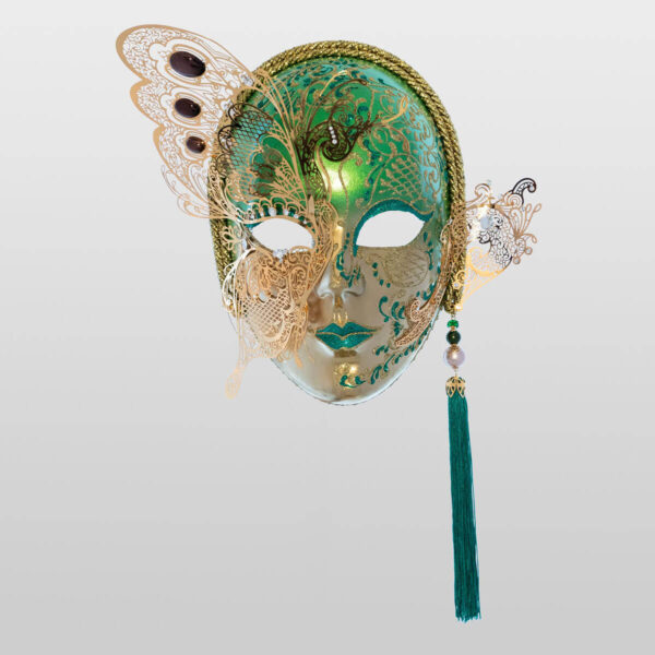 Face with Half Butterfly in Metal and Rhinestone - Green Color - Venetian Mask
