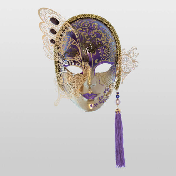 Face with Half Butterfly in Metal and Rhinestone - Violet Color - Venetian Mask