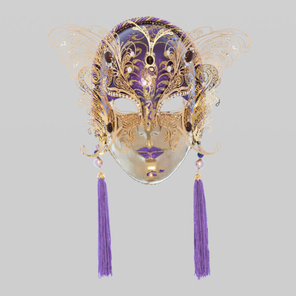 Face with two Wings in Metal and Rhinestone - Violet Color - Venetian Mask