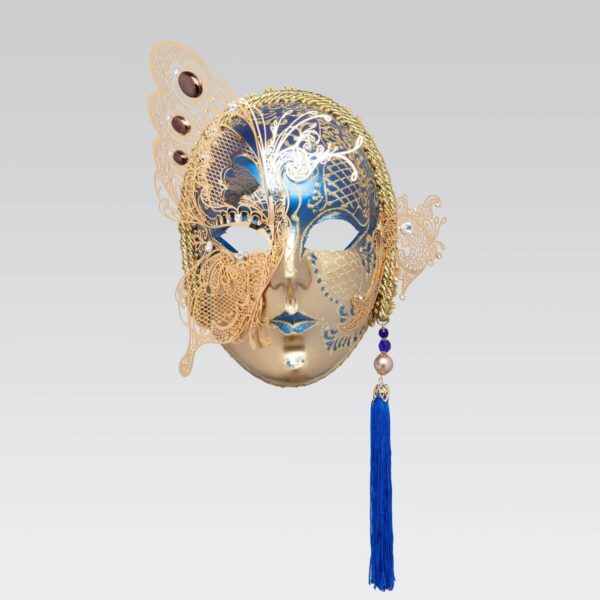 Gesicht mit halbem Schmetterling in Metall und Strass - Blau - Venezianische Maske