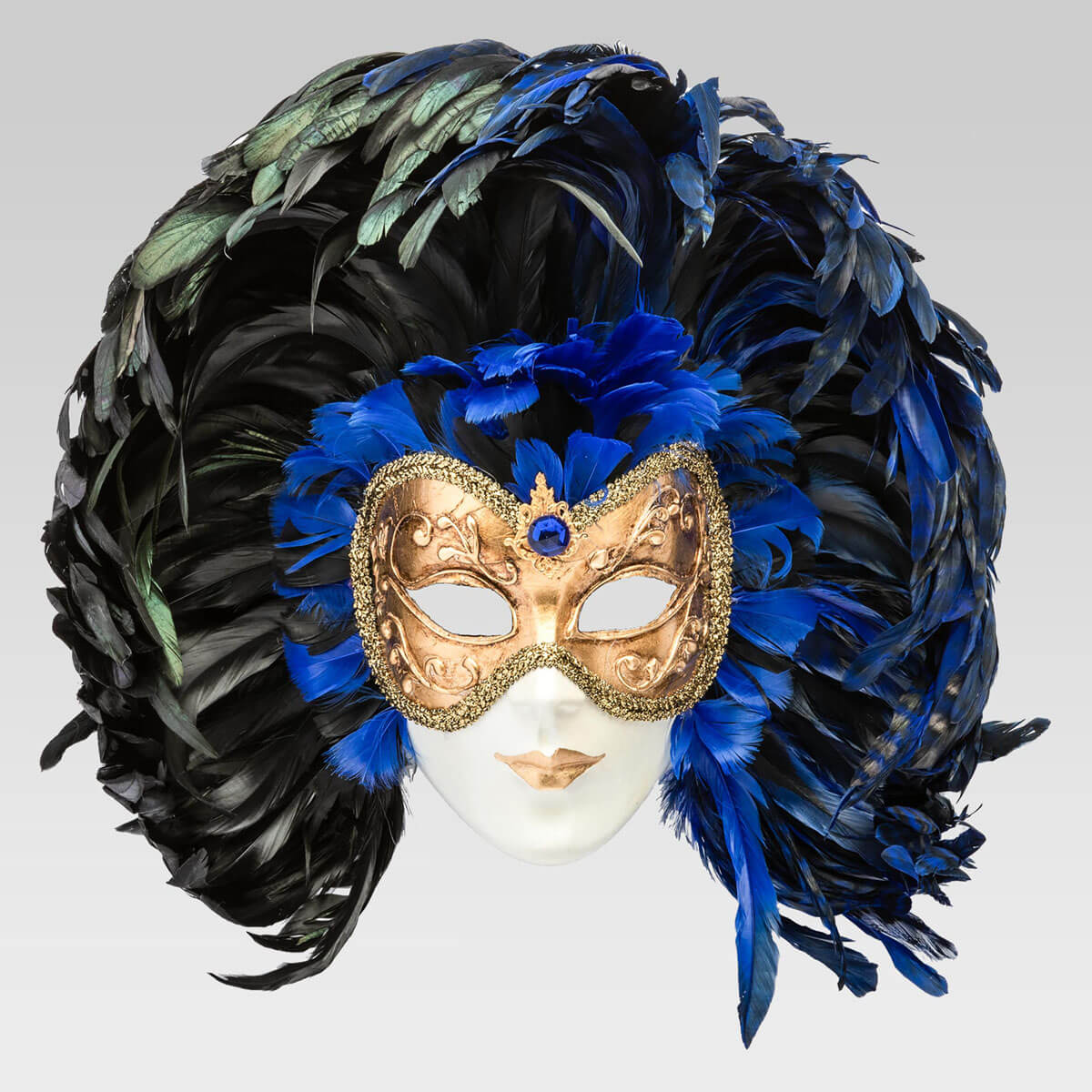 Blue Fabric Venetian Feather Paper Mache Mask SKU 7F - VENICE BUYS