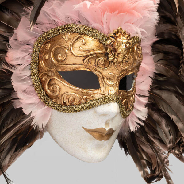Piuma volto intero crequelle in papier mache - Pink - Detail 2 - Venetian Mask